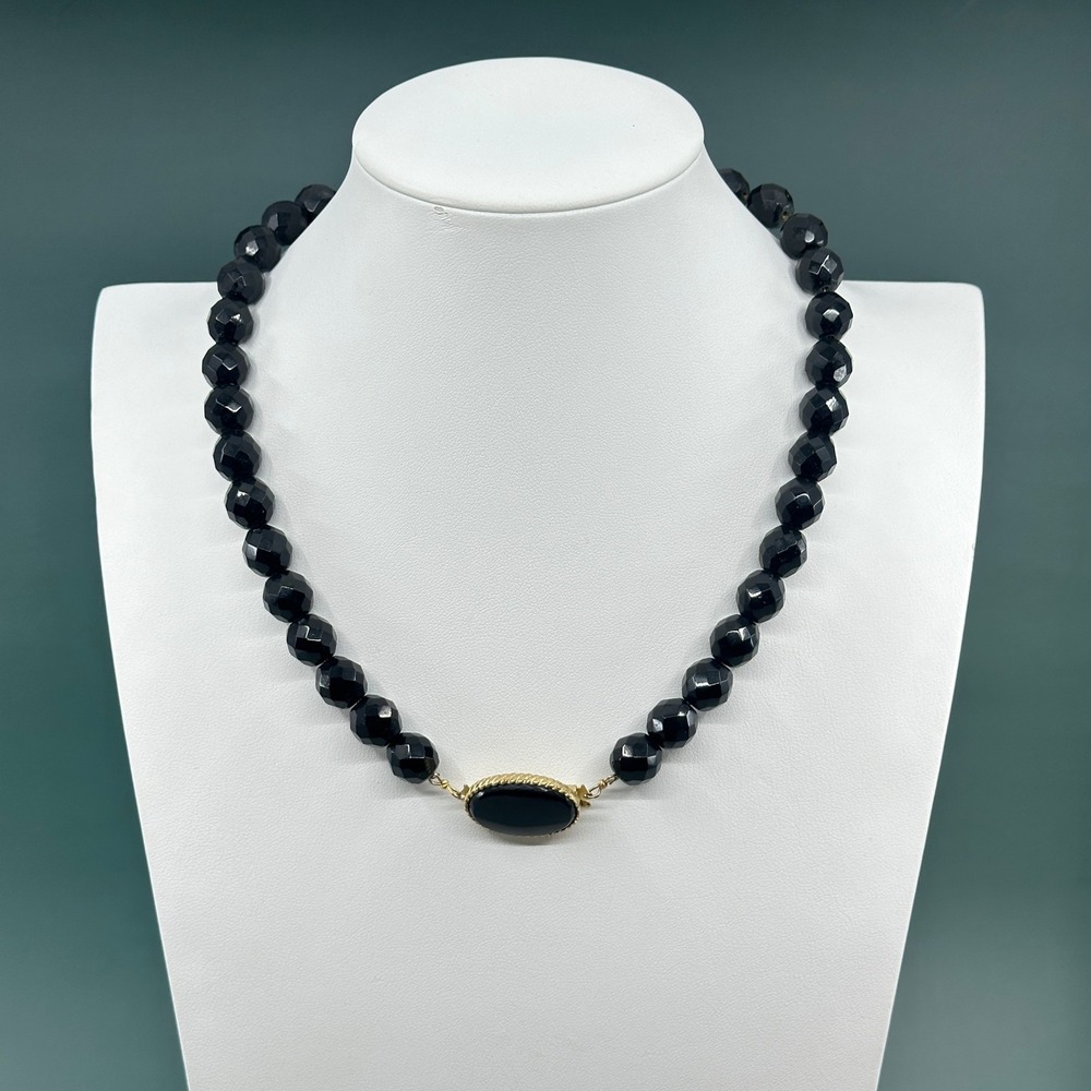 Black Faceted Beaded Necklace Gold Tone Oval Cabochon Gothic Statement Jewelry